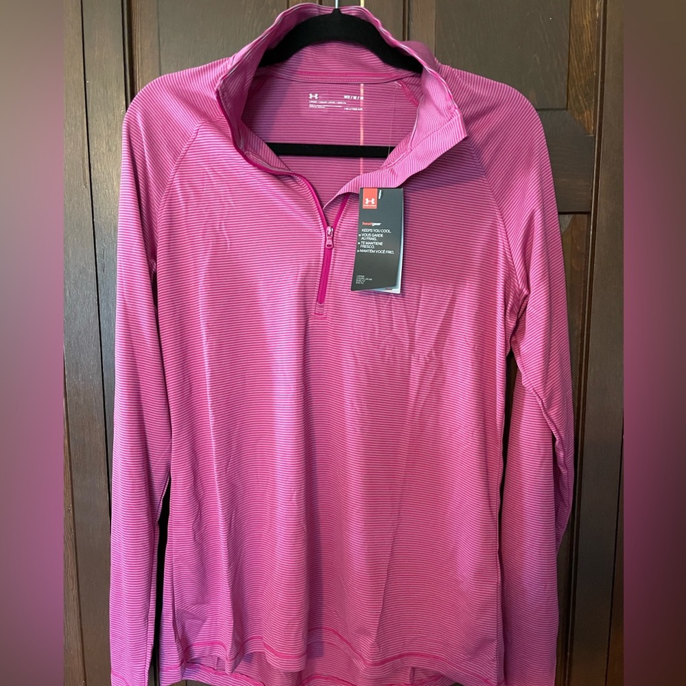 Under Armour, Pink and Gray Stripe, Heatgear Pullover -  Medium.  NEW WITH TAG